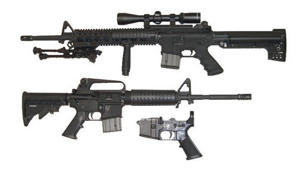 Illustration of three AR-platform firearms displayed against a white background.