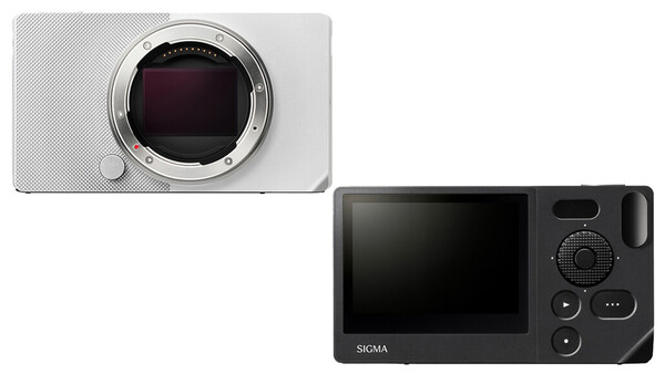 Comparison of two mirrorless camera bodies: a white compact model with exposed sensor mount on the left, and a black Sigma model with rear LCD screen and control buttons on the right.