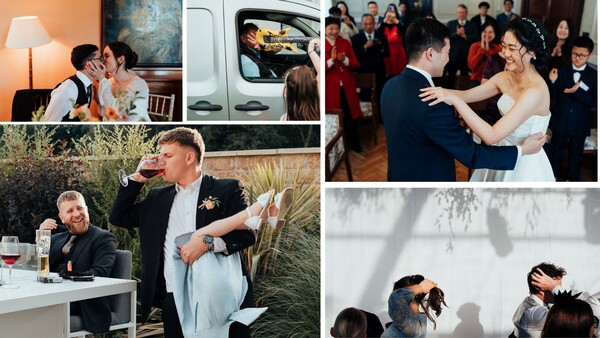 Wedding day moments including first dance, ceremony details, toasts, and guest celebrations.