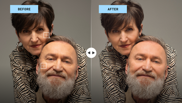 Before and after comparison of portrait retouching on two people in zebra-print clothing.