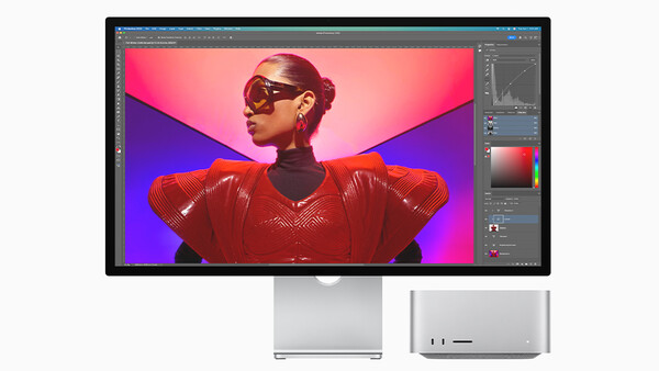 Screenshot of Adobe Photoshop displaying a portrait with vibrant pink and purple gradient background and red metallic jacket.