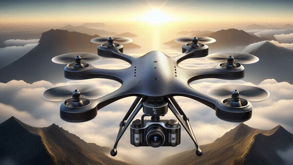 Illustration of a hexacopter drone with camera mounted below, hovering above clouds with mountain peaks visible in sunrise lighting.