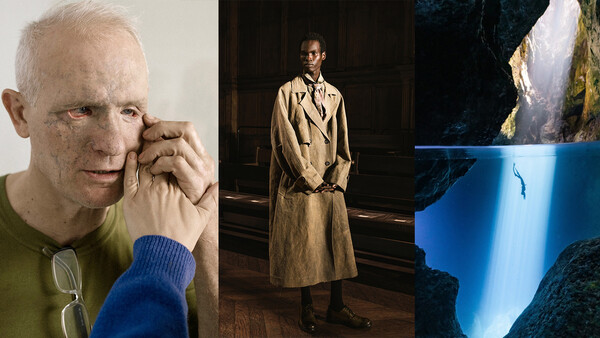 Triptych of portrait, fashion, and landscape photography showcasing studio lighting and natural environments.