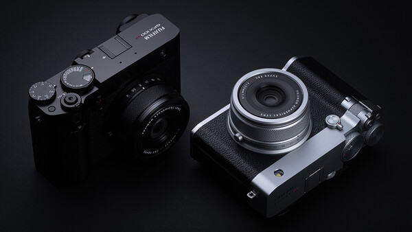 Two compact rangefinder cameras displayed on a dark background, showing top and front views.