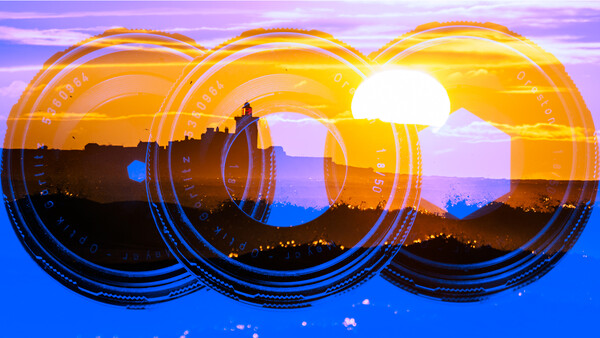 Composite image with three overlapping circular lens elements framing a sunset cityscape silhouette.