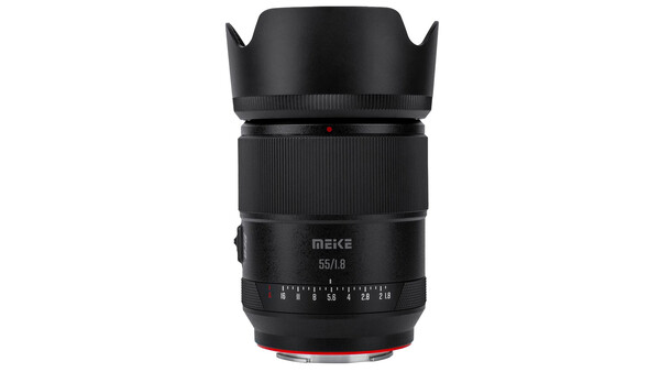 Meike 55mm f/8 lens with lens hood attached, shown against white background.