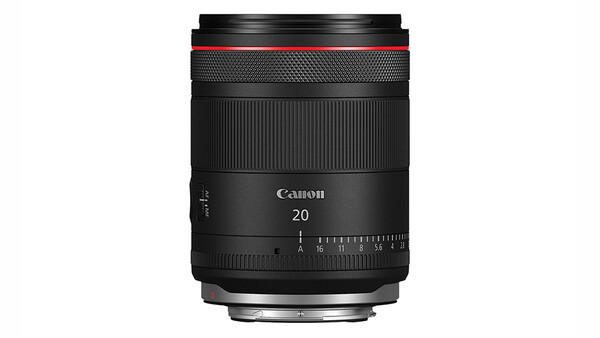 Canon RF 20mm f/2.8 macro lens with red accent ring and distance scale markings.