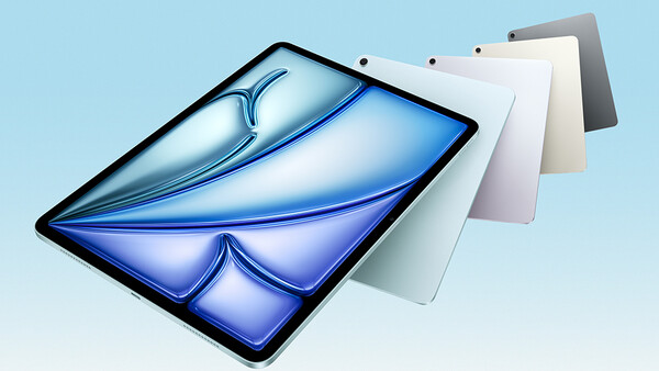 Product render of a foldable tablet device with blue liquid gradient display, shown with multiple color variants in the background.