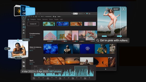 Screenshot of photo management software showing organized image library with multiple themed collections and timeline.