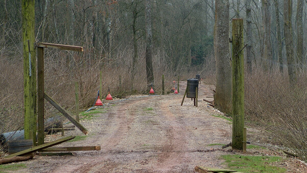 Outdoor training course with wooden obstacles and safety cones in bare winter forest.