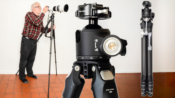 Photographer with telephoto lens on tripod next to ball head and carbon fiber tripod display.