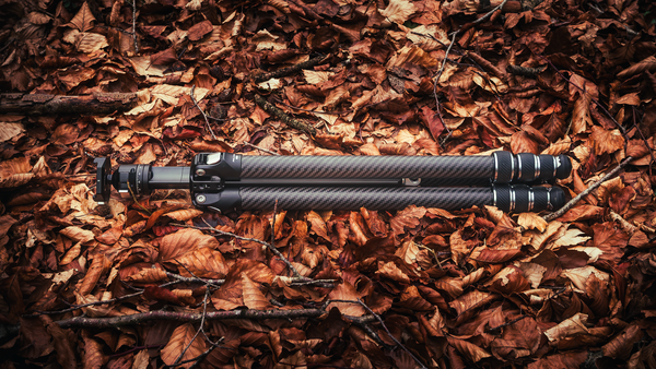 Black telephoto lens with carbon fiber finish and metal bands laid on dried brown leaves.