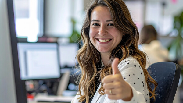Woman in polka dot blouse giving thumbs up gesture while seated at office desk.