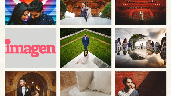 Grid layout of nine wedding and portrait photography examples showcasing diverse styles and settings.
