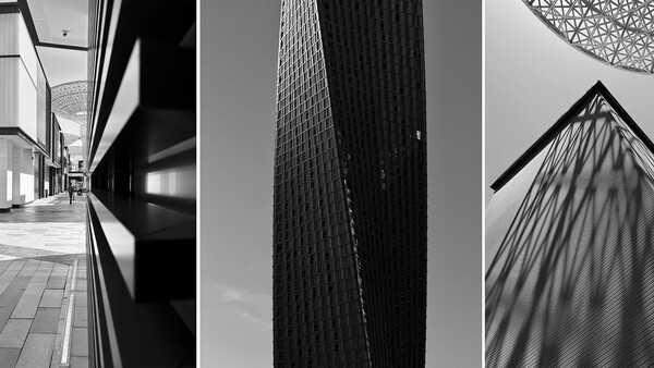 Three black and white architectural photographs showcasing geometric lines and urban structures.