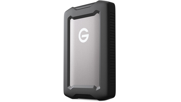 Rugged external hard drive with black protective case and gray front panel displaying a G logo.