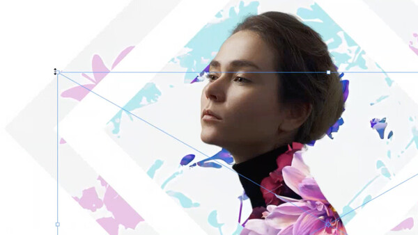 Woman in profile wearing colorful floral garment against geometric abstract background with blue and pink watercolor shapes.