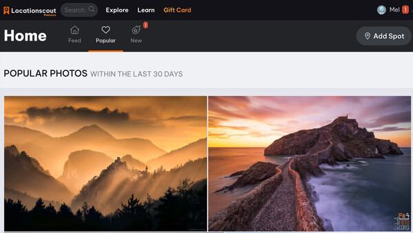 Split-screen comparison of golden misty mountains and a dramatic coastal sunset with rocky jetty.
