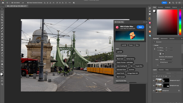 Screenshot of photo editing software showing street scene with tram and historic architecture.
