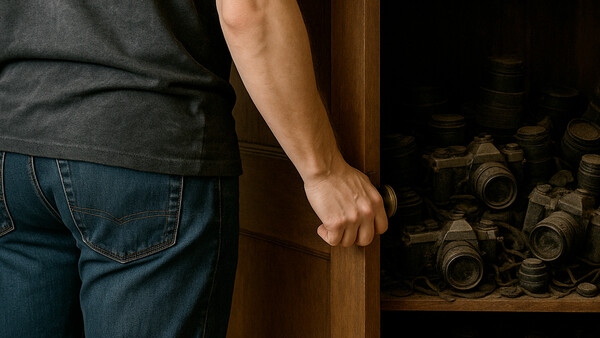 Person opening a wooden door to reveal stacked wooden barrels in a dimly lit interior space.