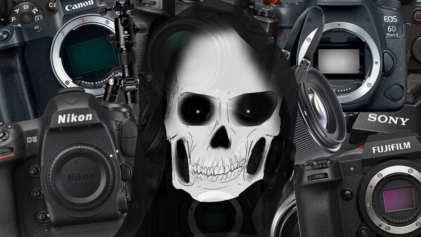 Skull illustration centered among professional camera bodies from Nikon, Canon, Sony, and Fujifilm.