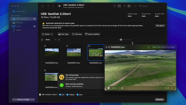 Screenshot of file management interface showing landscape video files with preview panel displaying a pastoral mountain valley scene.