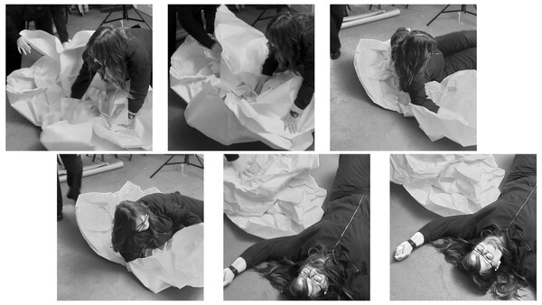 Six black and white contact sheet frames showing a person in white fabric on gray ground from multiple angles.