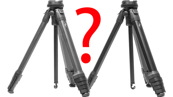 Two carbon fiber tripods shown side-by-side with a red question mark between them, suggesting a comparison or choice.