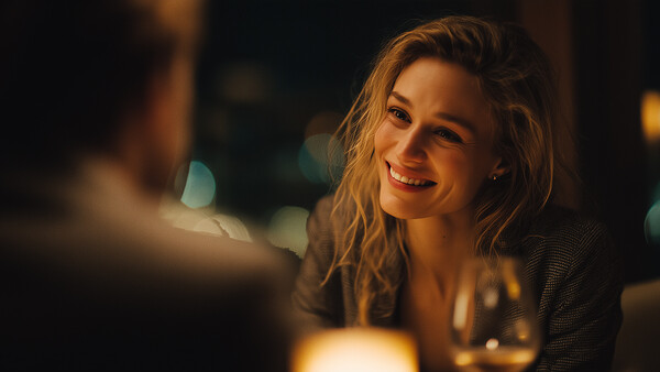 Woman smiling at man across candlelit table during evening conversation.