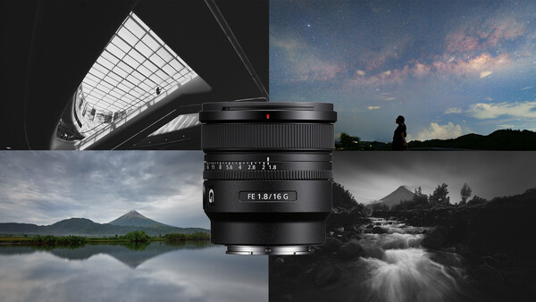 Sony FE 1.8/16G lens displayed centrally with four sample photographs surrounding it.