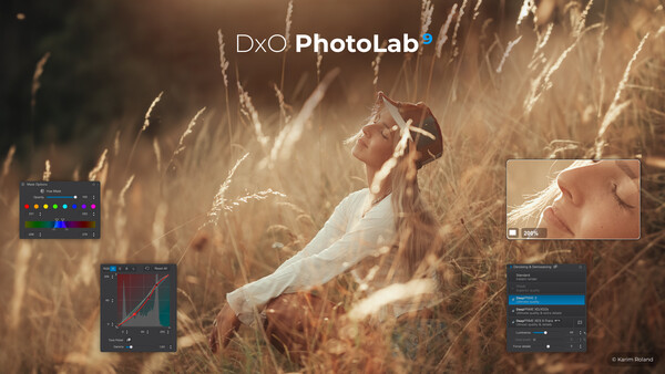 DxO PhotoLab interface overlay on a portrait of a woman in a wheat field during golden hour.