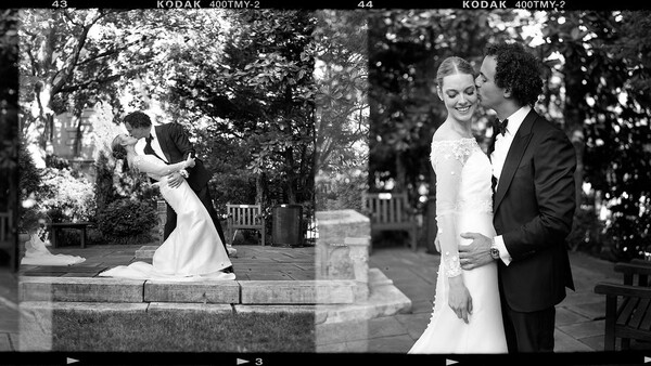 Contact sheet of black and white wedding photography showing bride and groom portraits outdoors.