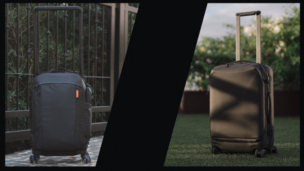 Side-by-side comparison of two rolling luggage suitcases in different settings and lighting conditions.