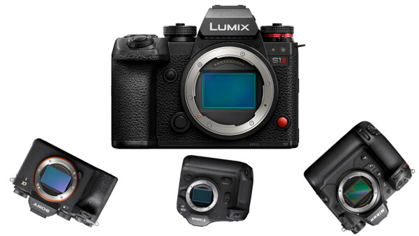 Panasonic Lumix S1 mirrorless camera with interchangeable lens mounts displayed.