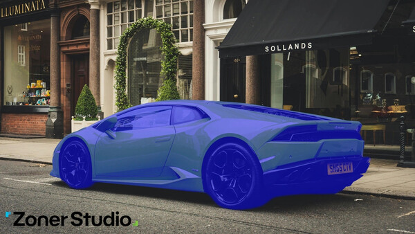 Bright blue luxury sports car parked on a street in front of upscale storefronts with ivy-covered entrance.