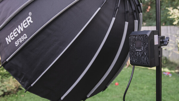 Neewer 5-in-1 collapsible reflector mounted on a light stand in an outdoor garden setting.