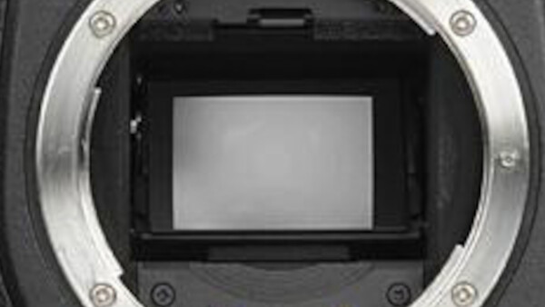 Camera sensor and mirror box interior viewed from the front, showing the reflective mirror and focusing screen assembly.