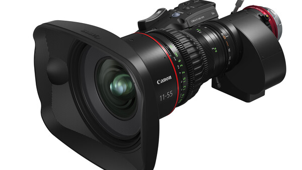 Canon cinema lens with square lens hood and follow focus system attached.