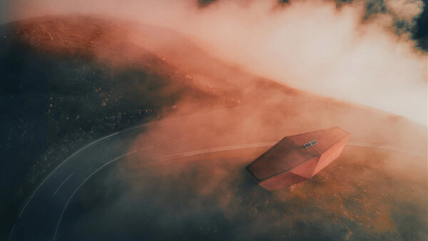 Red canoe on still water surrounded by misty forest landscape with warm, hazy light filtering through fog.