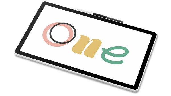 Illustration of the word 'one' displayed on a tablet screen with colorful geometric letterforms.