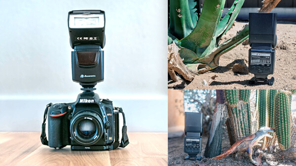 Nikon camera with external flash mounted on top, displayed on wooden surface with three field usage examples shown on right.