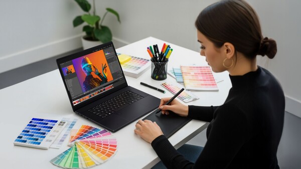 Designer working on color grading at laptop with paint swatches and color palettes on desk.