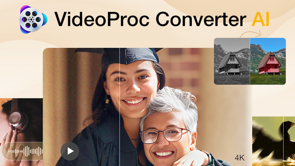 Screenshot of VideoProc Converter AI interface showing portrait photo editing with before/after comparison and 4K video examples.