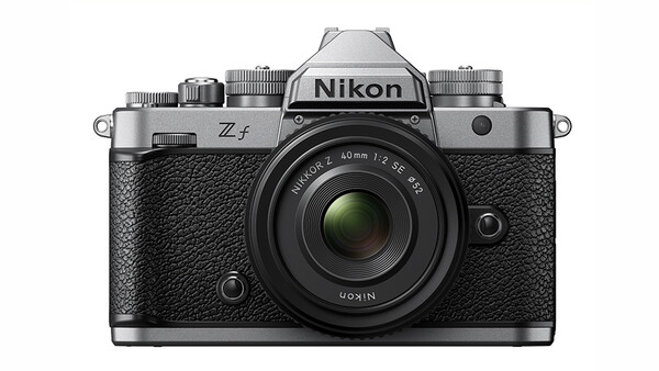 Nikon Zf mirrorless camera with 40mm f/2 lens mounted, shown from front against white background.