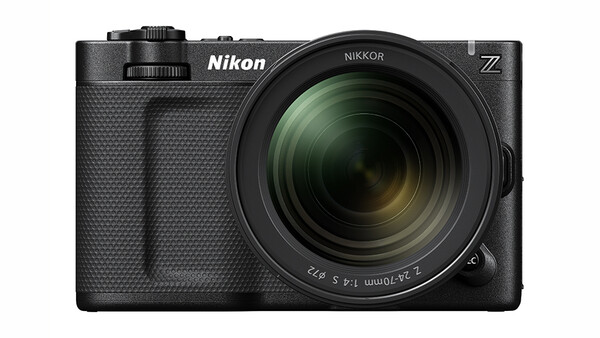 Nikon Z mirrorless camera with attached Nikkor zoom lens, shown from front against white background.