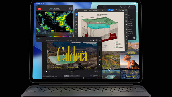 Screenshot showing multiple creative software applications displaying photography, video editing, and 3D visualization projects on a laptop screen.
