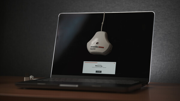 Laptop displaying a loading screen with a hanging USB device suspended in front of the display.