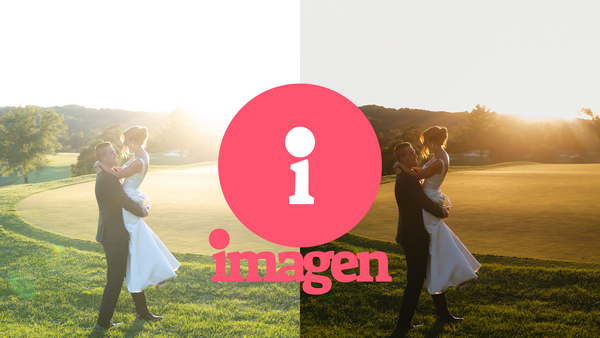 Bride and groom in formal wedding attire dancing outdoors during golden hour, with a red circular logo overlay.