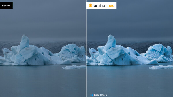 Icebergs in glacial water, comparing before and after Luminar Neo processing with enhanced light depth.