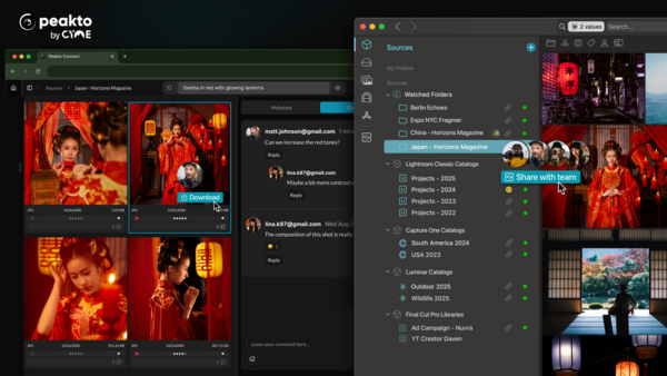 Screenshot of Peakto asset management software displaying red-toned portrait photography with organizational folders and file management panels.
